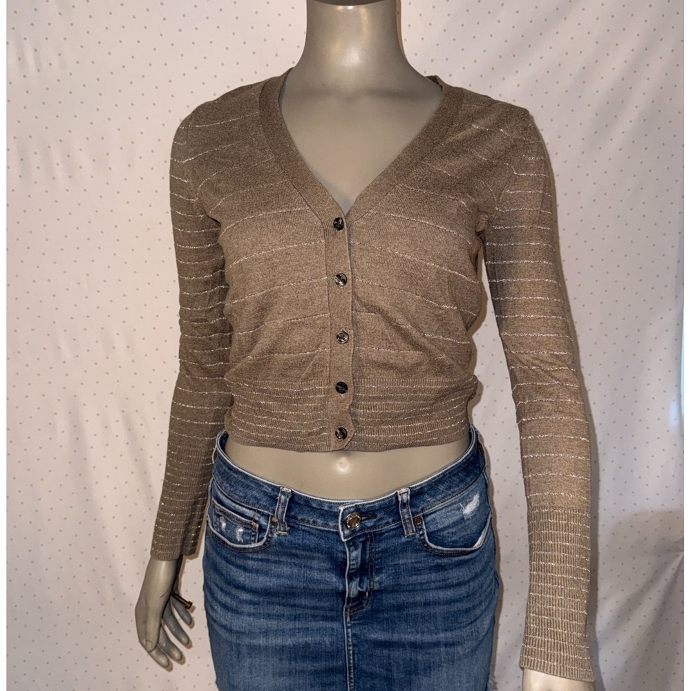 American Eagle Striped V-Neck Cardigan Sweater Taupe Women's‎ Medium Coastal